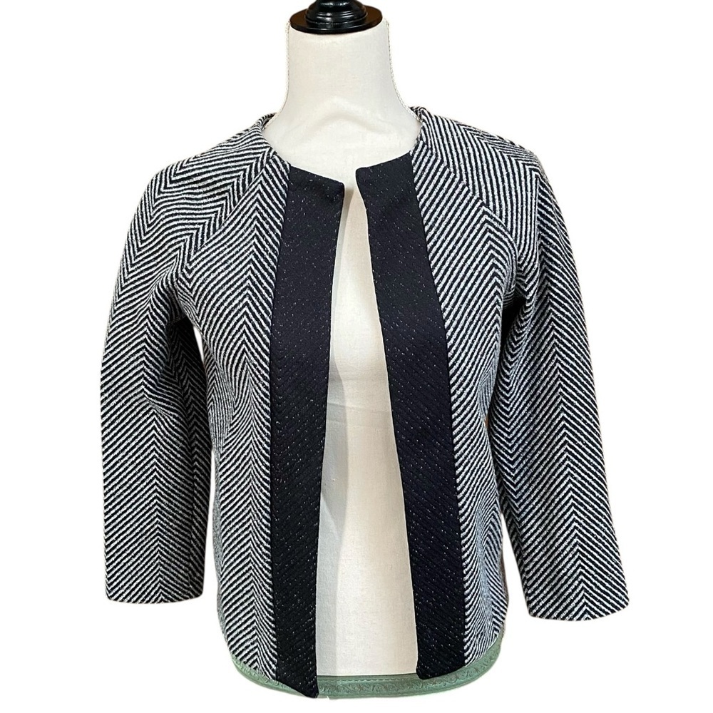 H&M Black White Chevron Knit Jacket Open Front 3/4 Sleeve Size 4 Monochrome